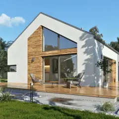 Nowoczesny dom z drewnianymi elementami i dużymi przeszkleniami. Marzenie o własnym domu w cenie mieszkania staje się realne.