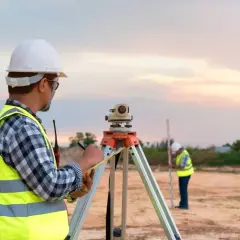 Geodeci w kamizelkach odblaskowych i kaskach pracują na budowie z niwelatorem.