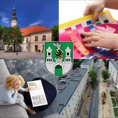 Kolaż: ratusz, próbki kolorów, kobieta z próbkami materiałów, ulica w budowie, herb Zielonej Góry.
