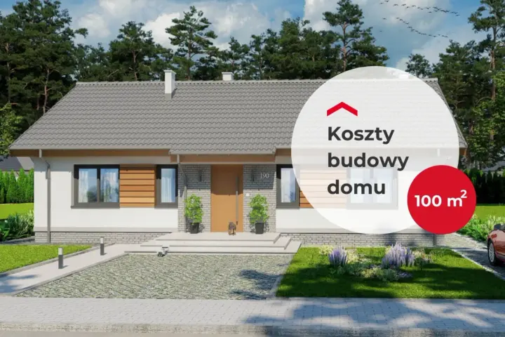 Nowoczesny dom 100 m2 z szarym dachem, białymi ścianami i drewnianymi elementami. Na tle drzew, z napisem "Koszty budowy domu 100 m²".