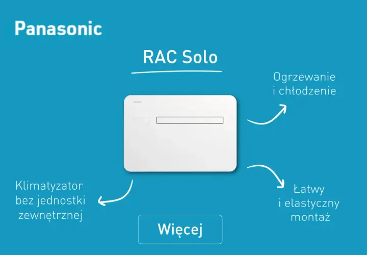 Klimatyzator Panasonic RAC Solo, bez jednostki zewnętrznej, z czynnikiem R32. Ogrzewanie i chłodzenie, łatwy montaż.