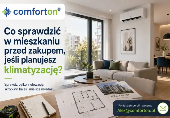 Nowoczesne mieszkanie z klimatyzacją w bloku. Planujesz zakup? Sprawdź balkon, elewację, skropliny, hałas i miejsce montażu.