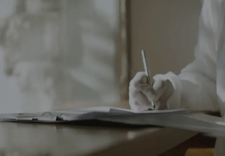 Ręka w rękawiczce pisze na papierze. Czy to notatki o tym, **kadm co to** jest i jego wpływie na zdrowie?