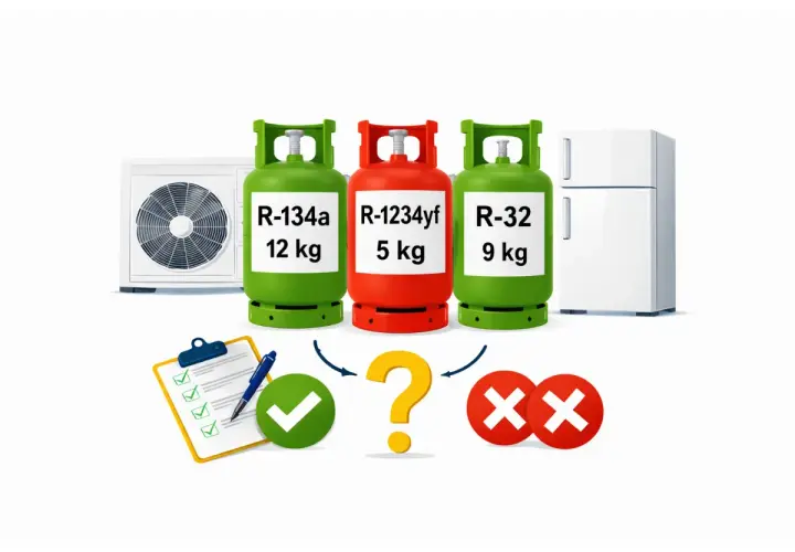 Trzy butle z czynnikiem klimatyzacji: R-134a, R-1234yf i R-32. Obok klimatyzator i lodówka. Pytajnik i symbole wyboru.