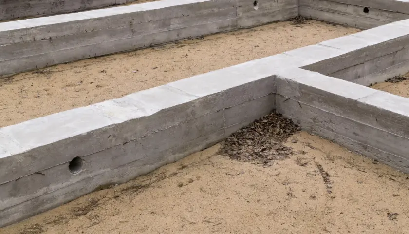 Betonowe fundamenty tworzą zarys przyszłego domu. To stan zero budynku, gdzie piasek miesza się z opadłymi liśćmi.