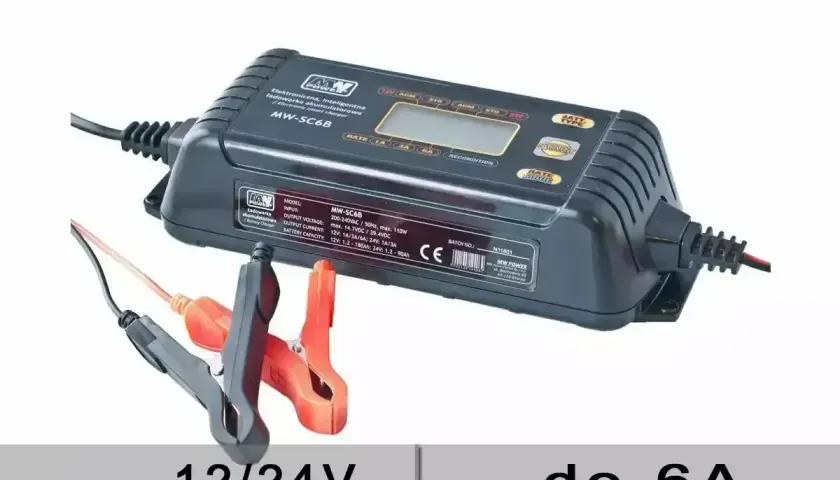 Inteligentna ładowarka akumulatorowa MW-SC6B, która pozwala wybrać, jakim prądem ładować akumulator: 1A, 3A lub 6A. Obsługuje napięcia 12V i 24V.