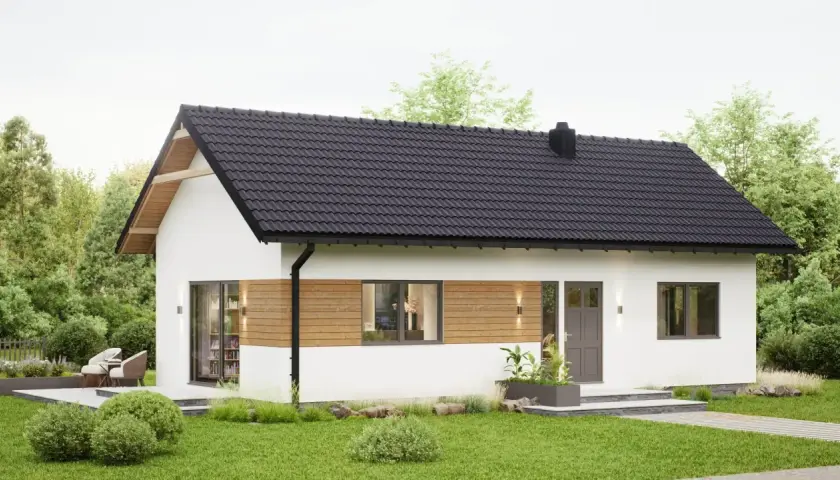 Nowoczesny dom modułowy 70m2 pod klucz cena. Biała bryła z drewnianymi akcentami, czarny dach, taras z meblami.