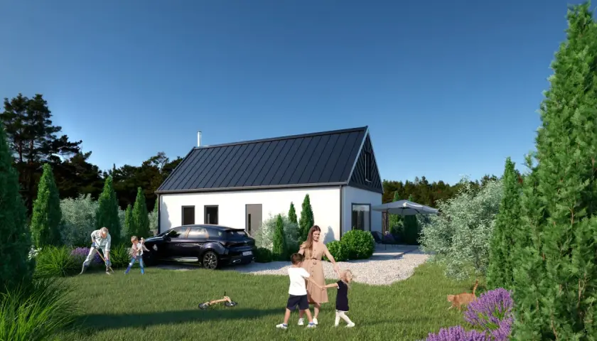 Rodzina cieszy się ogrodem przy nowoczesnym domu 70m2. Dzieci bawią się, dziadek pracuje, a kot spaceruje.