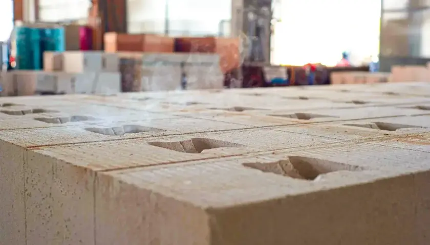 Zbliżenie na betonowe bloczki z otworami. W tle widać palety z materiałami budowlanymi. Ile bloczków betonowych na m2?