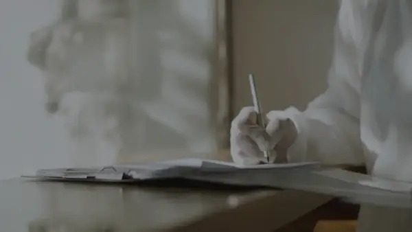 Ręka w rękawiczce pisze na papierze. Czy to notatki o tym, **kadm co to** jest i jego wpływie na zdrowie?